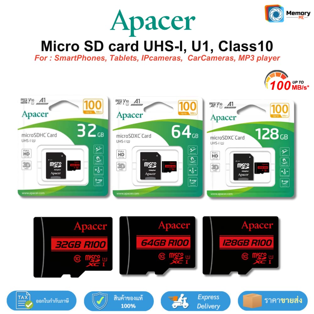 APACER Micro SDcard 32/64/128GB C10 UHS-I memory card กล้องหน้ารถ โทรศัพท์ SDcard แท้ รูปที่ 1