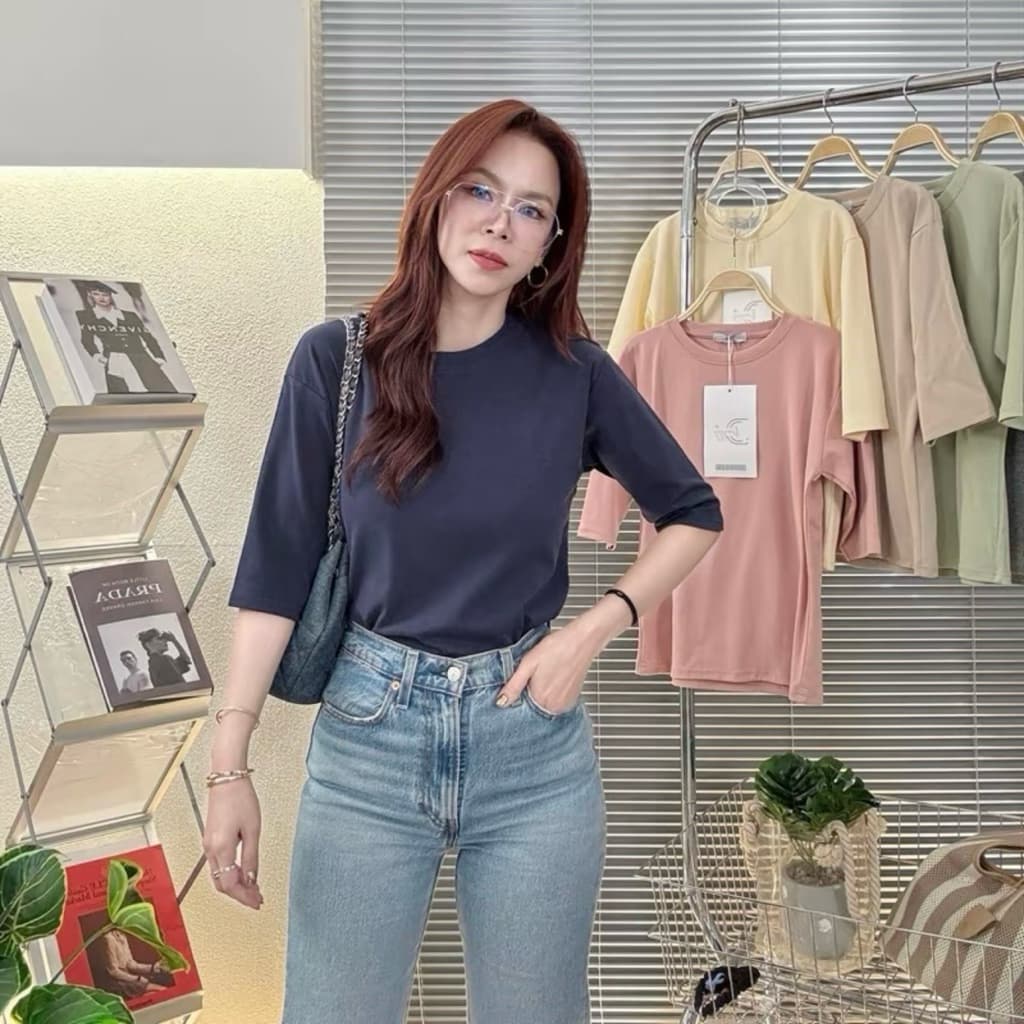 037 Deezyy เสื้อยืดยูนิ คอกรมแขน 3ส่วนเนื้อยืดนุ่มละมุนผิวไม่ย้วย รูปที่ 6