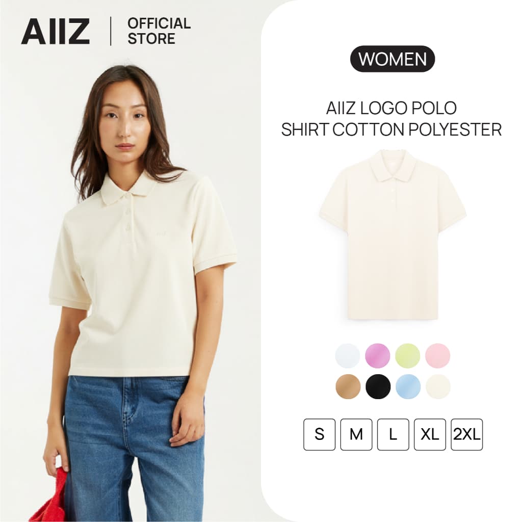 AIIZ เสื้อโปโลผู้หญิงสีพื้นปักโลโก้ผ้าคอตตอนโพลีเอสเตอร์ รูปที่ 1
