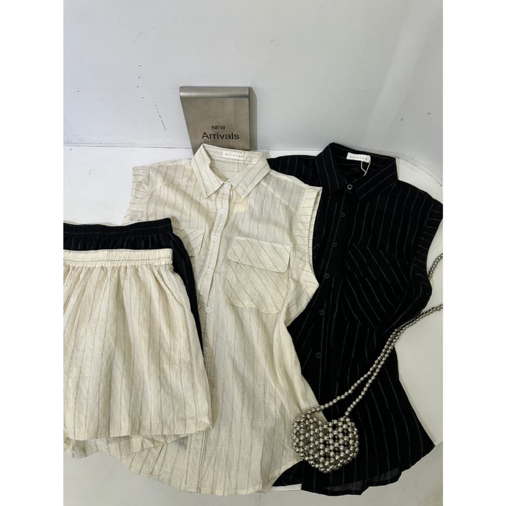 B667 | เซตเสื้อเชิ้ต + กางเกงขาสั้นลายริ้ว ลุคเรียบเท่ รูปที่ 6
