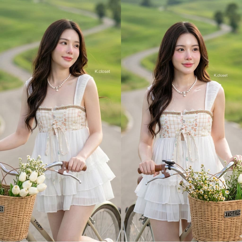 (อก30-40เสื้อสายเดี่ยวระบายชั้นผ้าโรซี่พิมลาย กระดุมใช้งานได้จริง detail แต่งผ้าลายน่ารัก รูปที่ 6