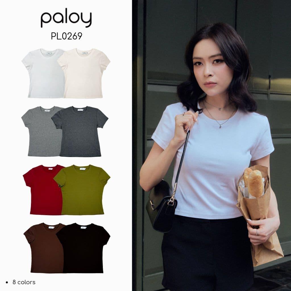 Paloy - PL0269 เสื้อครอปแขนสั้น สีพื้น ผ้านุ่มยืด รูปที่ 5