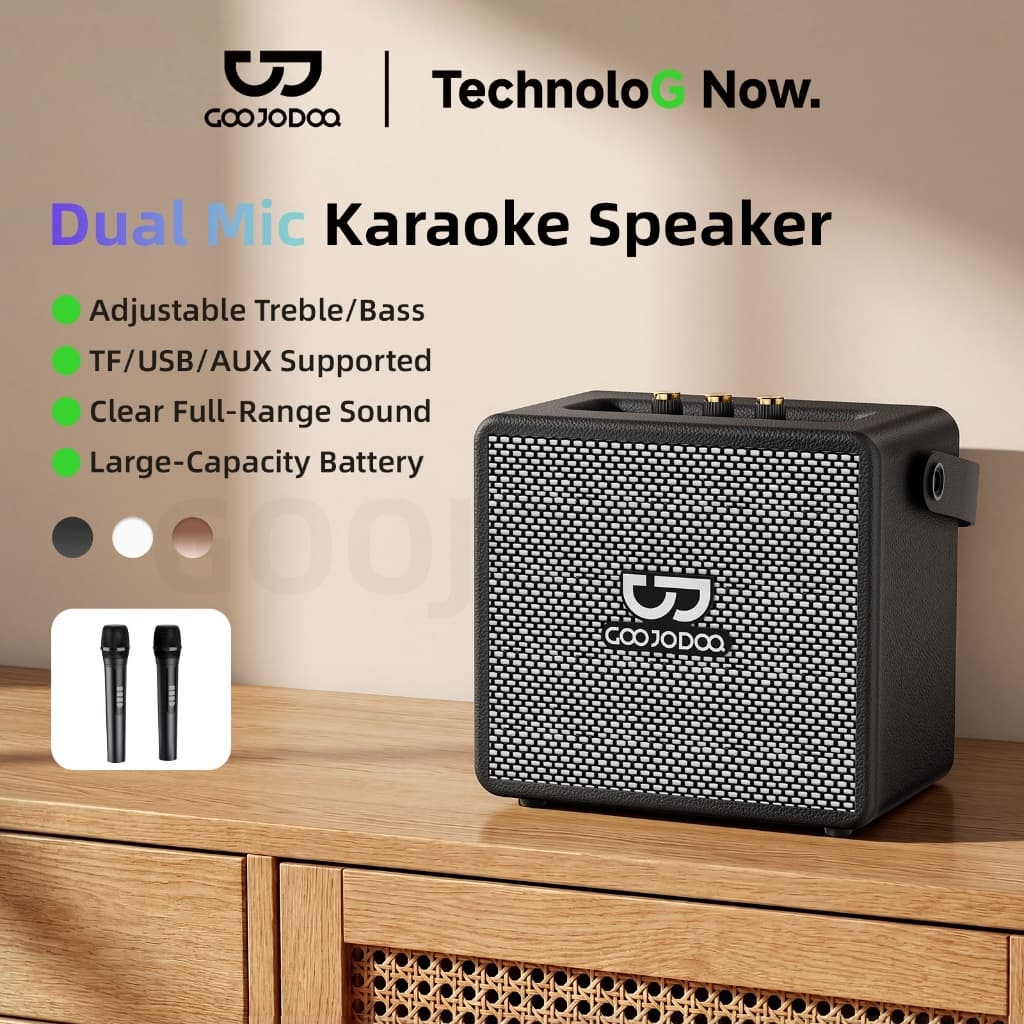GOOJODOQ Wooden Karaoke Speaker TF/USB/AUX Supported Clear Full-range Sound Comes with Two Microphones รูปที่ 2
