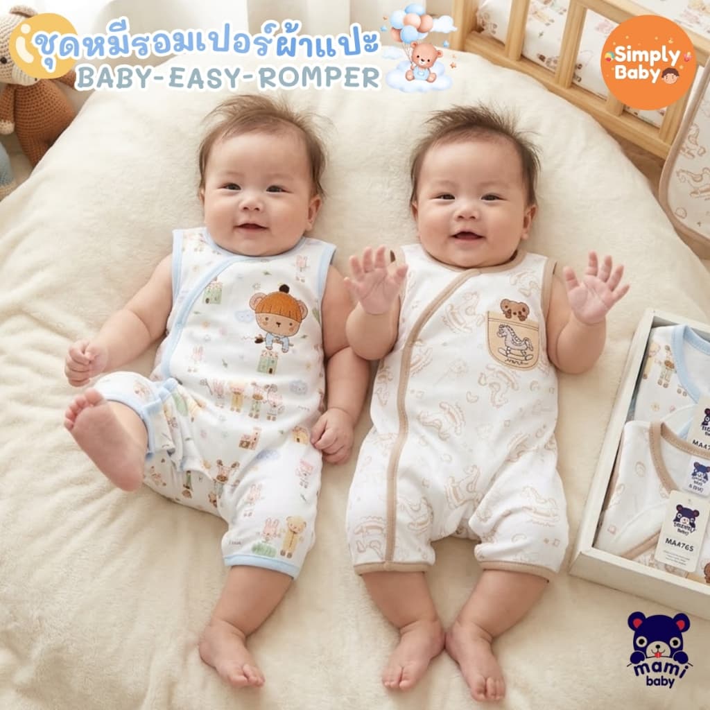Simply baby ชุดรอมเปอร์ขาสั้น รุ่นผ้าแปะ ผ้านิ่มมาก แบรนด์ Mami Baby ไซส์ 0-6 เดือน รุ่นใหม่ล่าสุด รูปที่ 8