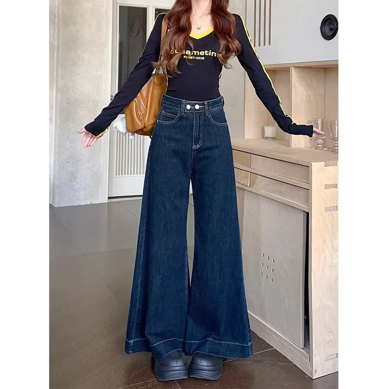 S~5XLBaggy jeans Navyblue กางเกงขายาวทรงตรงขาบานเอวสูงสีน้ำเงินเข้ม ดีไซน์แบบเรโทรสองปุ่ม กางเกงยีนส์ทรงหลวมลำลอง HOT รูปที่ 3