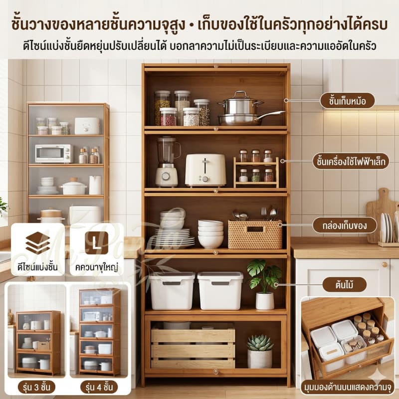 1-5ชั้น ครัวตู้กับข้าวพร้อมประตูตู้ กันฝุ่น ตู้เก็บของโปร่งใส มัลติฟังก์ชั่น วางจานชามในครัว รูปที่ 4