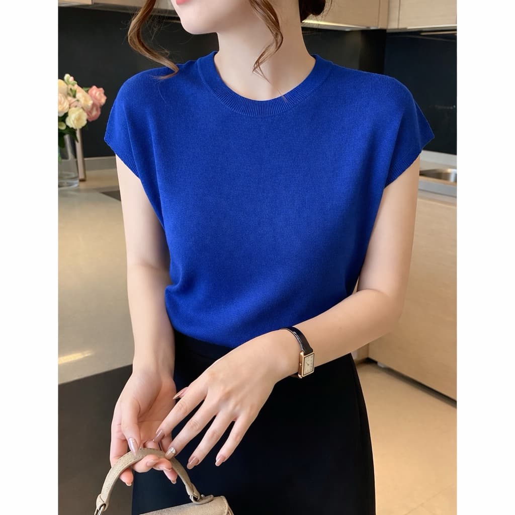 MQzz4289 * * เสื้อทำงานแขนสั้นแบบใหม่ คอกลม ผ้าไหมพรม นุ่มนิ่ม ใส่สบาย ยืดได้เยอะ Free Size รูปที่ 8