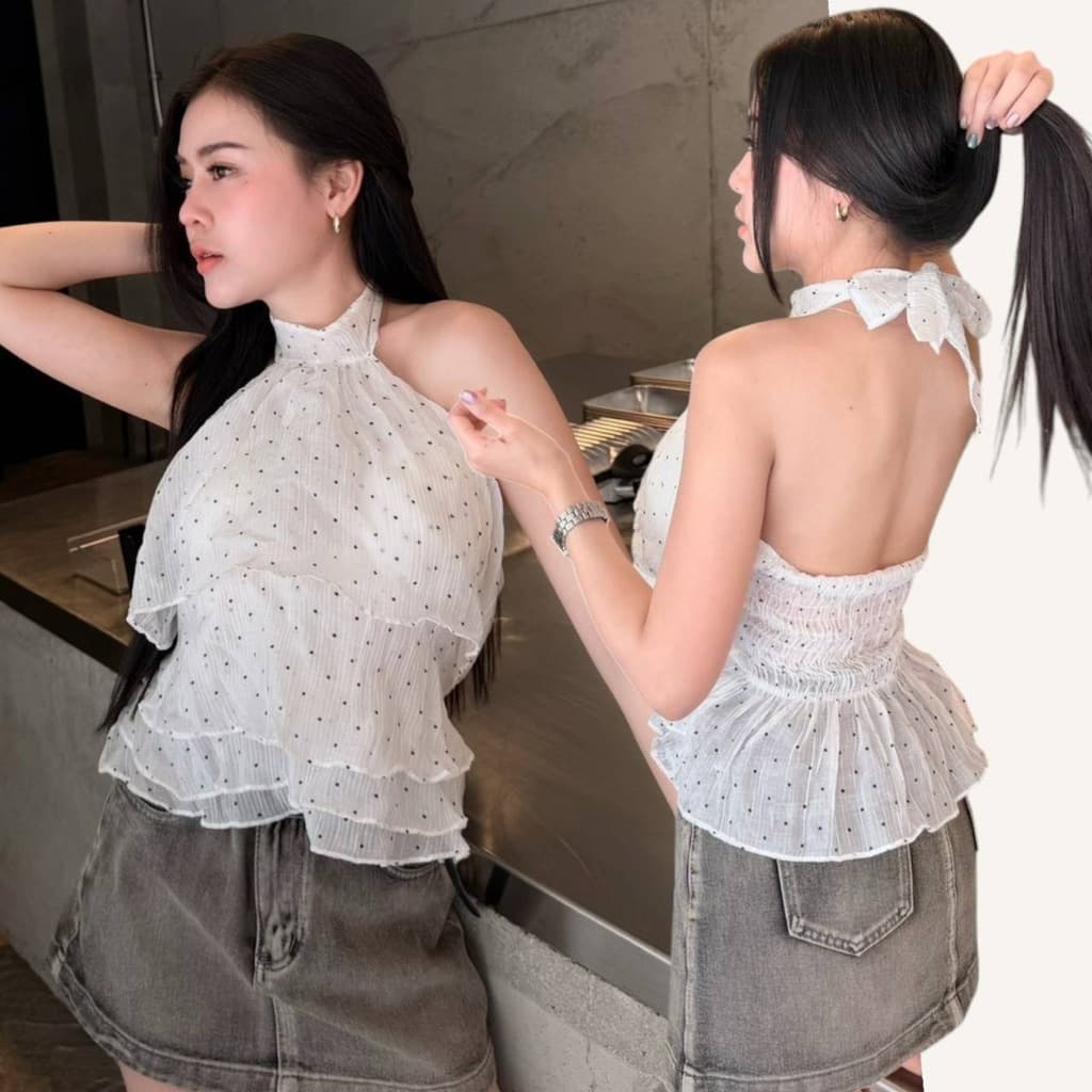 aimorn_shopเสื้อคล้องคอ ทรงบอลลูน ลายจุด สม็อคหลัง งานผ้าพริ้ว ผ้าใส่สบาย ฮิตสุดๆ รูปที่ 9