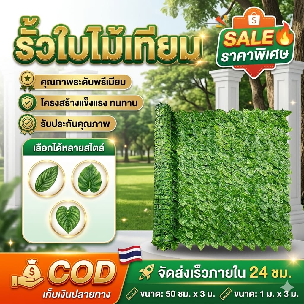 รั้วใบไม้ประดิษฐ์ ติดผนัง ใบไม้เทียม 1x3 ม. ทนแดดทนฝน ถอดได้ ประกอบฟรี สำหรับแต่งบ้าน แต่งสวน (มีขนาด 0.5x3 ม รูปที่ 1
