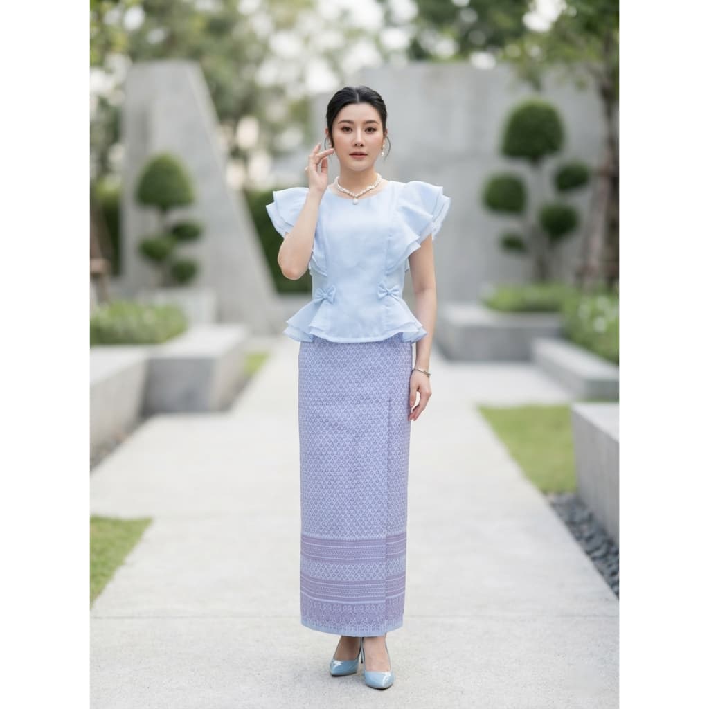 BS038 รุ่นฟ้าจรดทราย ชุดไทยแม่ลูก ชุดไทยประยุกต์ผู้หญิง ชุดไทยเด็กผู้หญิง สีฟ้าสวย สไบ สวยน่ารัก พาสเทล รูปที่ 2