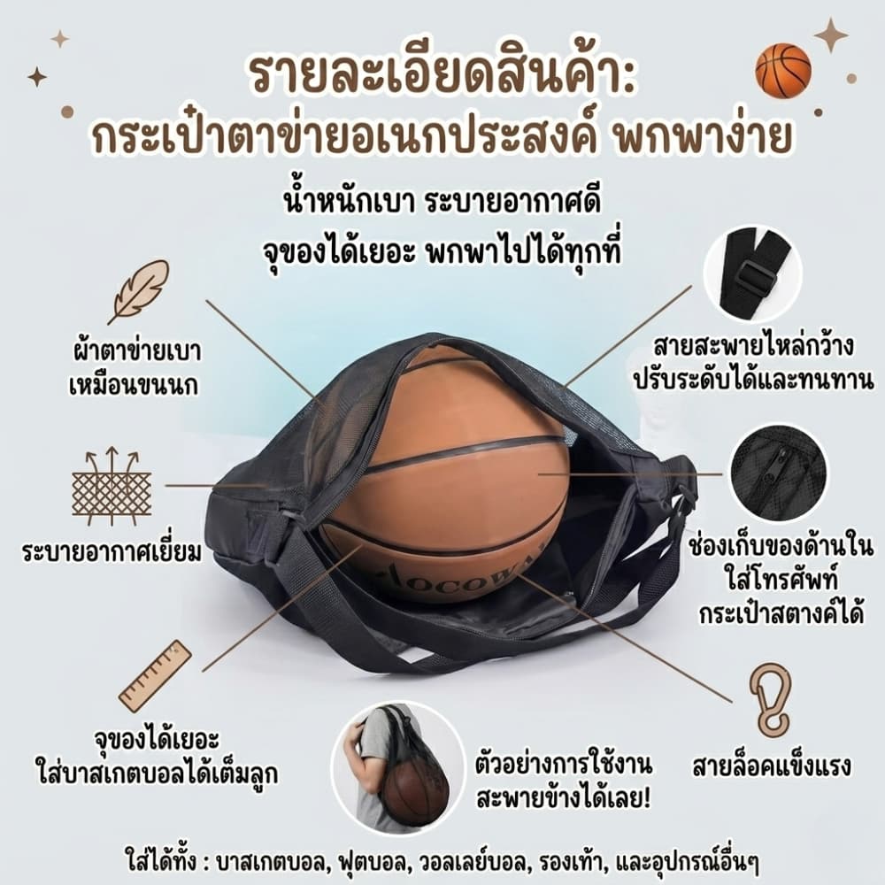 กระเป๋าเก็บลูกบาส กระเป๋าเก็บรองเท้า เป้ฟุตบอล ผ้าตาข่าย ระบายอากาศได้ สายสะพายปรับระดับได้ รูปที่ 4