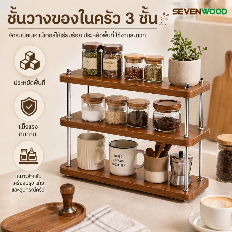 SEVENWOOD ชั้นวางแก้ว ชั้นวางของในครัว ชั้นวางแก้ว 3 ชั้น ชั้นวางของบนโต๊ะ ที่วางแก้วกาแฟ แข็งแรงทนทาน ประกอบง่าย รูปที่ 1