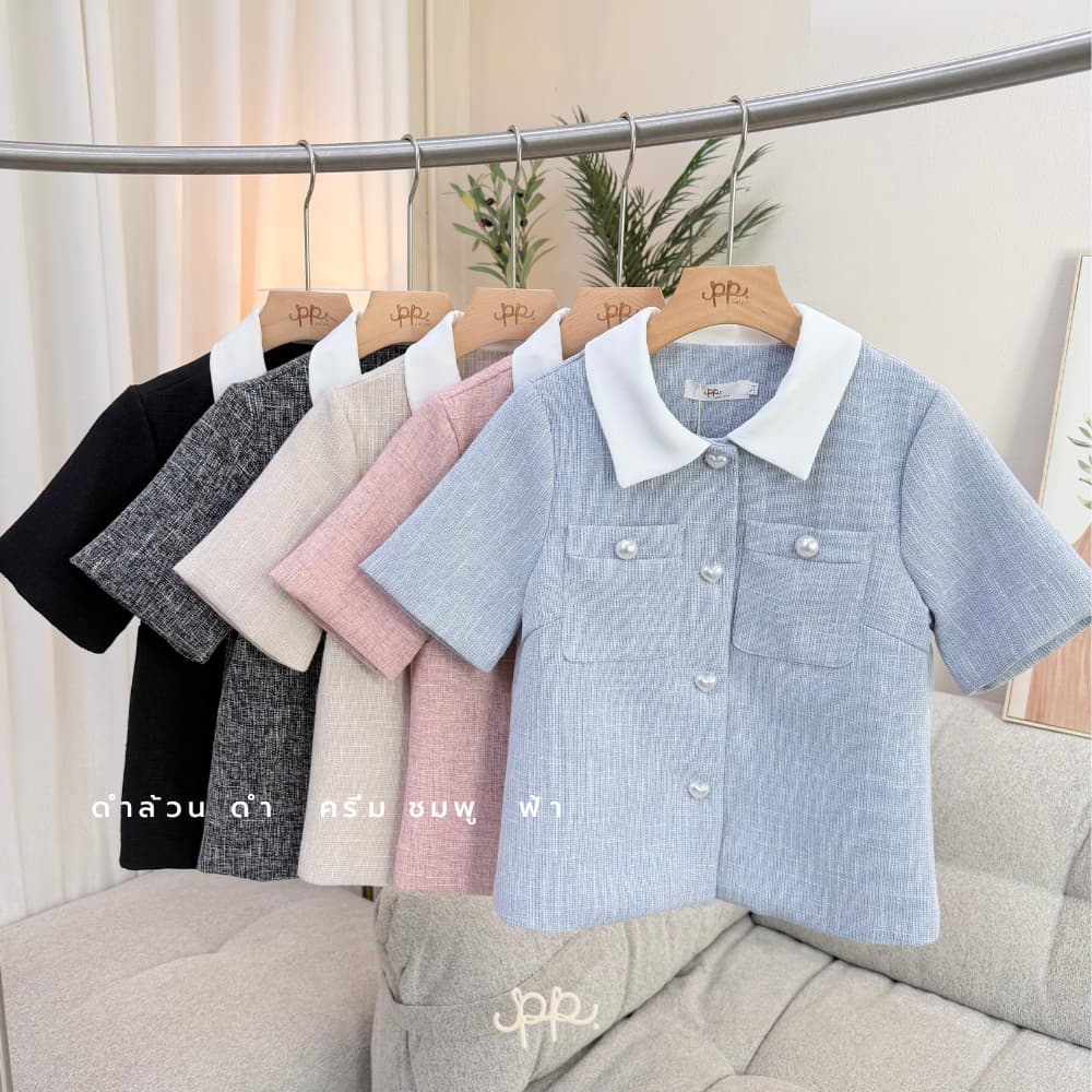 POI เสื้อคอปกแขนสั้นกระเป๋าหน้าคู่แต่งกระดุมมุก L052H5 รูปที่ 2
