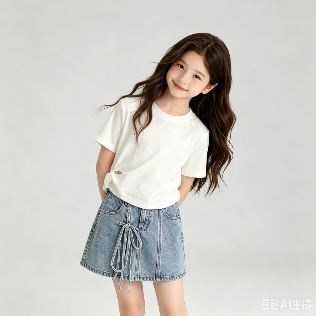 MC269 ชุดเด็กผู้หญิงสไตล์เกาหลี เสื้อยืดขาว กระโปรงยีนส์แต่งเชือก รูปที่ 5