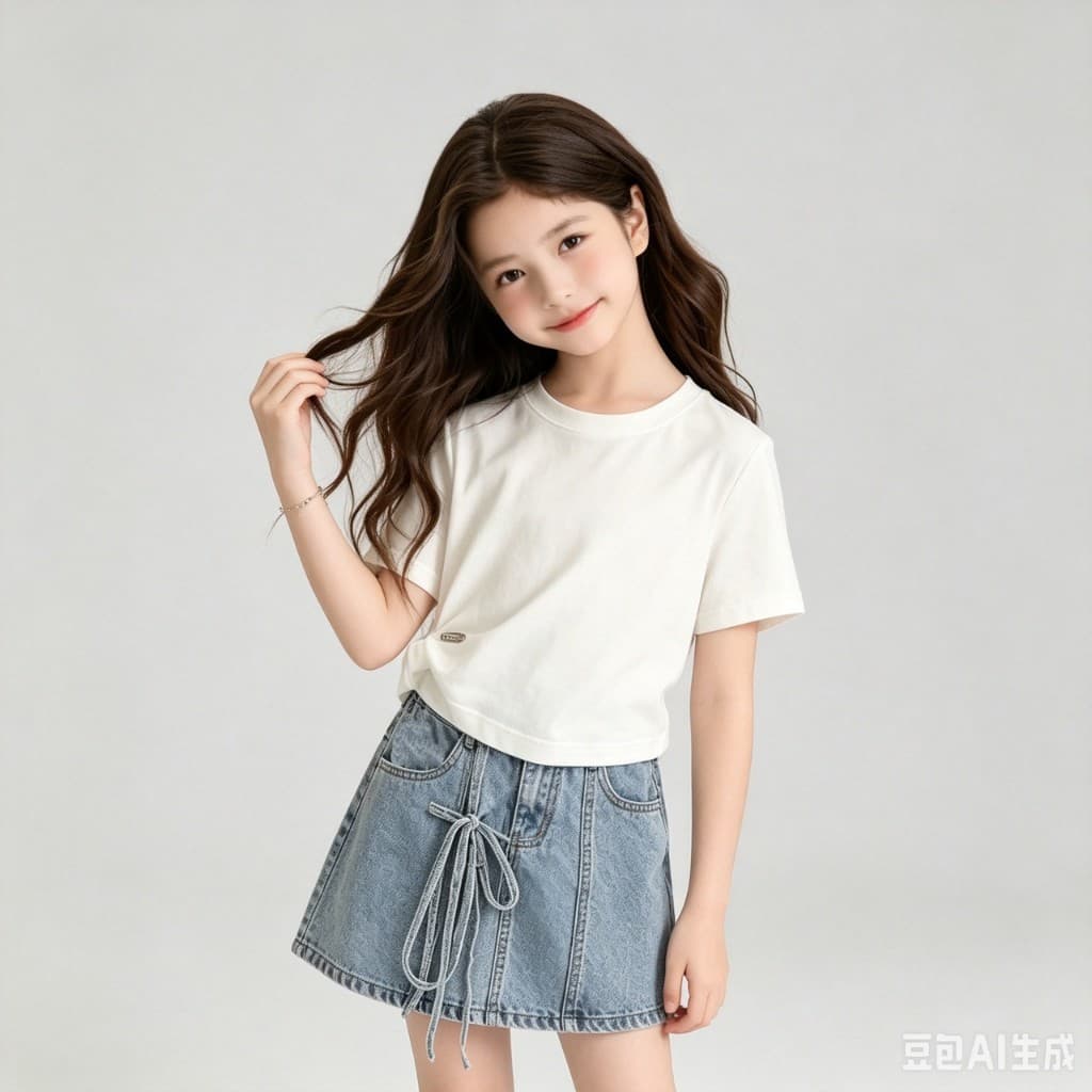 MC269 ชุดเด็กผู้หญิงสไตล์เกาหลี เสื้อยืดขาว กระโปรงยีนส์แต่งเชือก รูปที่ 6
