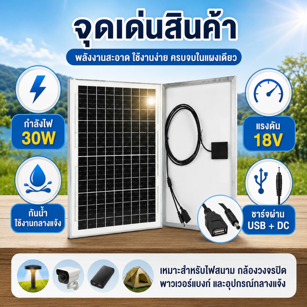 แผงโซล่าเซลล์ 30W 18V USB+DC สาย 2 เมตร ใช้งานกลางแจ้ง สำหรับไฟสนาม กล้องวงจรปิด พาวเวอร์แบงค์ รูปที่ 2