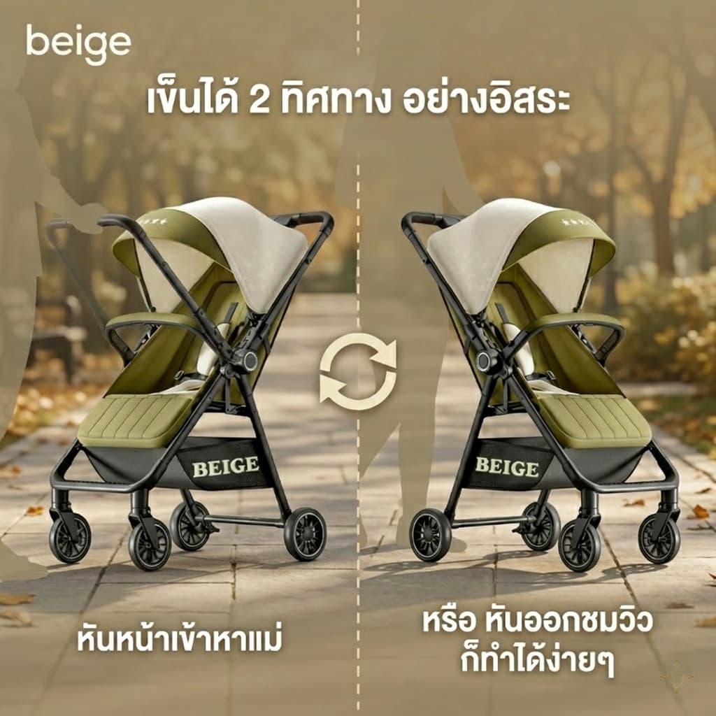 Beige รถเข็นเด็กพับได้ 4.9KG เข็นได้ 2 ทิศทาง รถเข็นเด็กแรกเกิด 0-6 ปี ล้อ 360° มีเบรก พกพาง่าย รูปที่ 3