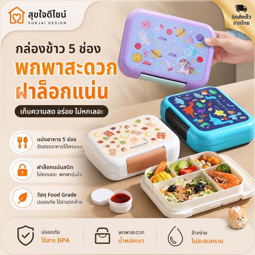 COD กล่องอาหารกลางวันนักเรียน-คนทำงาน มีช่องแบ่ง ลายน่ารัก ไมโครเวฟได้ ปลอดภัย BPA Free พกพาสะดวก รูปที่ 1