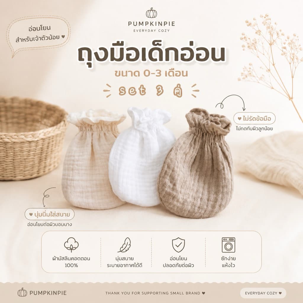 PUMPKIN ถุงมือเดี่ยวเด็กอ่อน เเพ็ค 3 คู่ ผ้ามัสลินสไตล์มินิมอลนุ่มละมุน