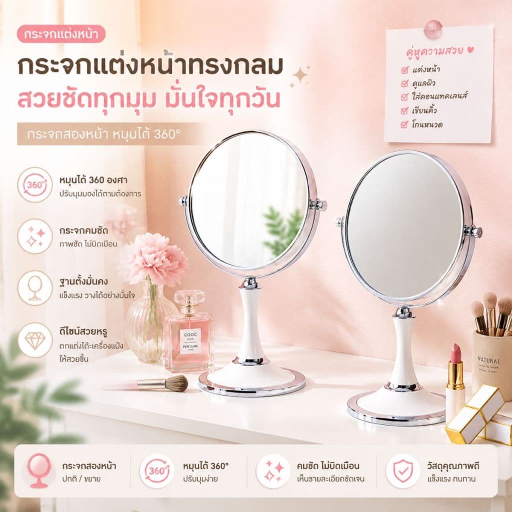 ส่งด่วน กระจกสไตล์เกาหลี 2หน้า แบบใหม่ กระจกมินิมอล กระจกแต่งหน้า ปรับองศาได้ รูปที่ 7