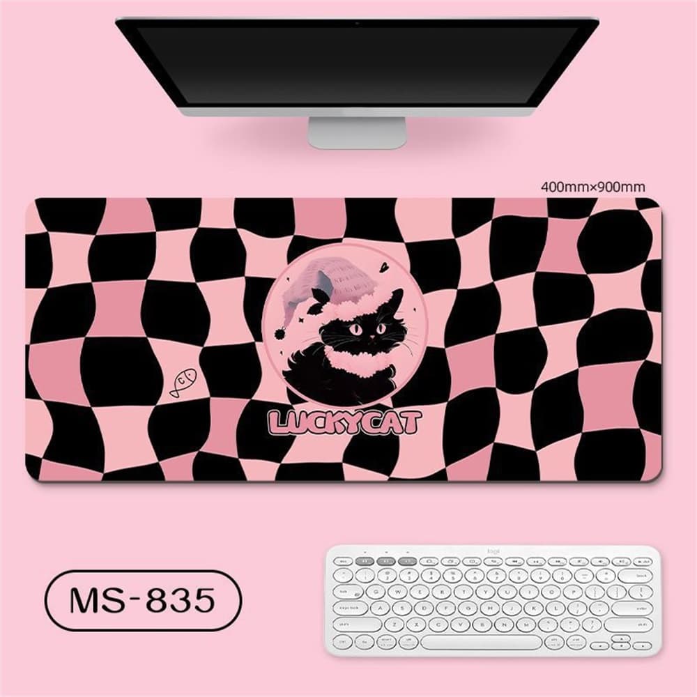 พรมเมาส์เกมมิ่งขนาดใหญ่ 80x30 ซม. ลายแมวดำสีชมพูน่ารัก พรมรองโต๊ะ ฐานยางกันลื่น พรมรองแป้นพิมพ์สำหรับออฟฟิศ กันน้ำ พื้น รูปที่ 9