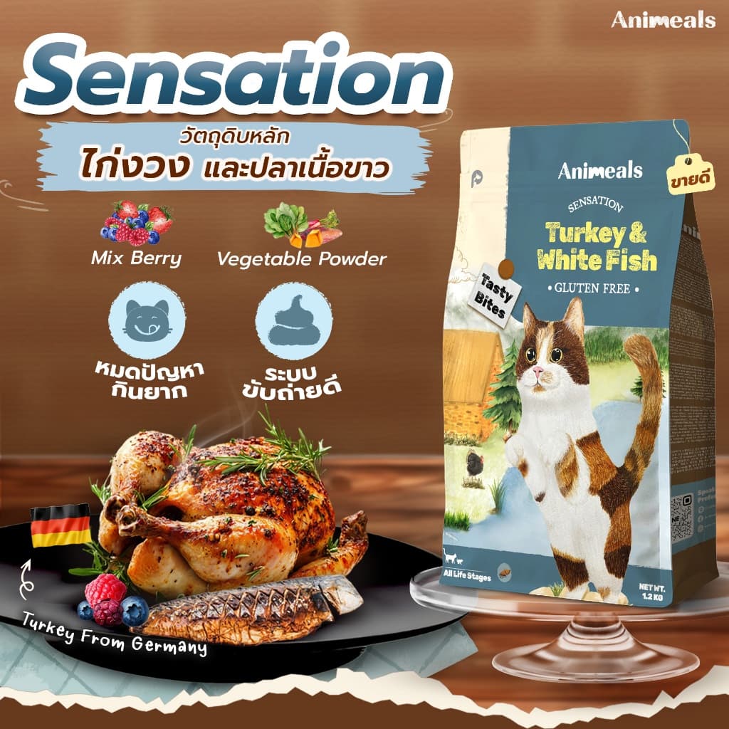 Animeals Sensation อาหารแมว 1.2kg สูตรกินง่าย หอมอร่อย สำหรับแมวเลือกกิน เบื่ออาหาร ไก่งวงและปลาเนื้อขาว กลูเตนฟรี รูปที่ 3