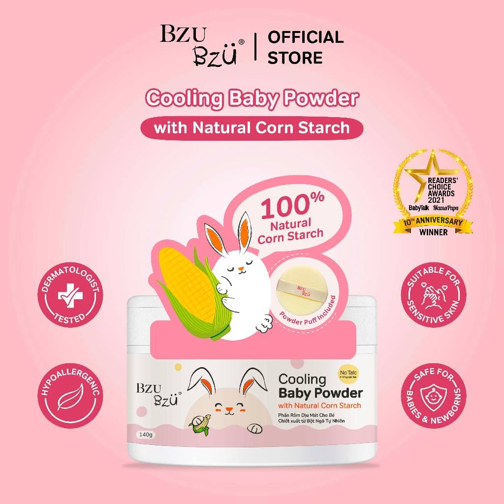 BZU BZU Cooling Baby Powder with Puff แป้งฝุ่นข้าวโพดธรรมชาติบริสุทธิ์100% สำหรับเด็กทารก ปราศจากทัลคัม รูปที่ 9