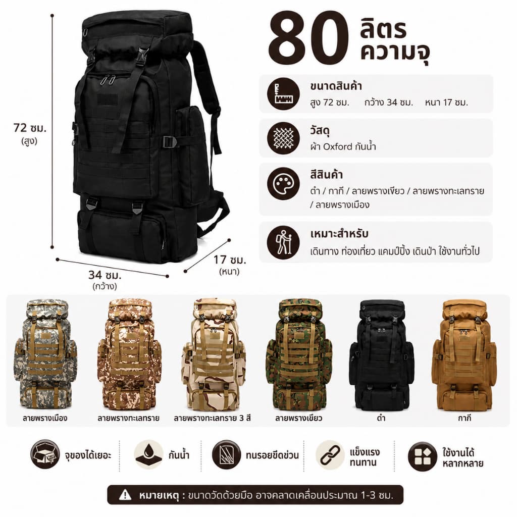 กระเป๋าเดินทาง 80L Backpack กันน้ำ ใบใหญ่ รุ่นลายทหาร / สีดำ กระเป๋าเดินป่า แคมป์ปิ้ง Outdoor จุเยอะ ทนทาน รูปที่ 6