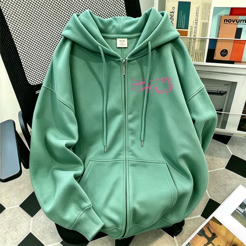 เสื้อเขียวหามีฮู้ด มีหมากแฟชั่น สไตล์เกาหลี Outfits ผู้หญิง Lady Women แขนยาว รูปที่ 6