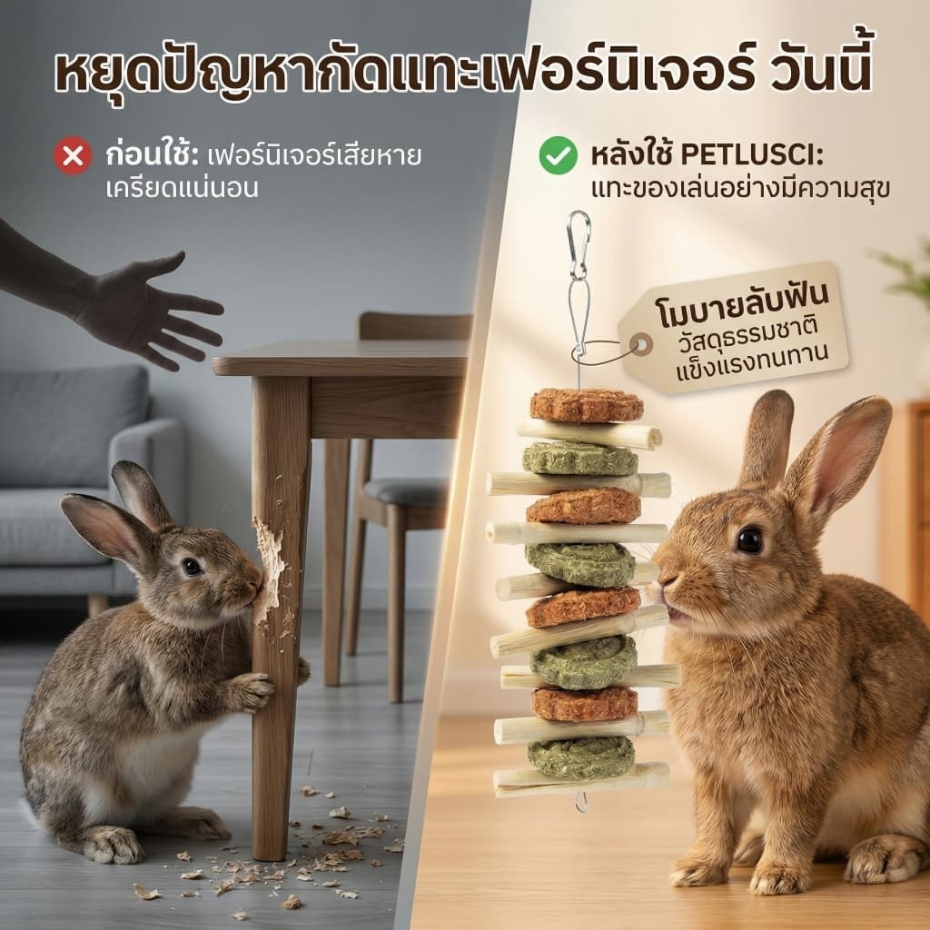 PETLUSCI® โมบาย ของเล่นลับฟัน ของเล่นกระต่าย ไม้ลับฟันกระต่ายและคุ้กกี้หญ้า ของเล่นกระต่าย โมบายไม้แอปเปิ้ล ไม้ไผ่หวาน รูปที่ 4