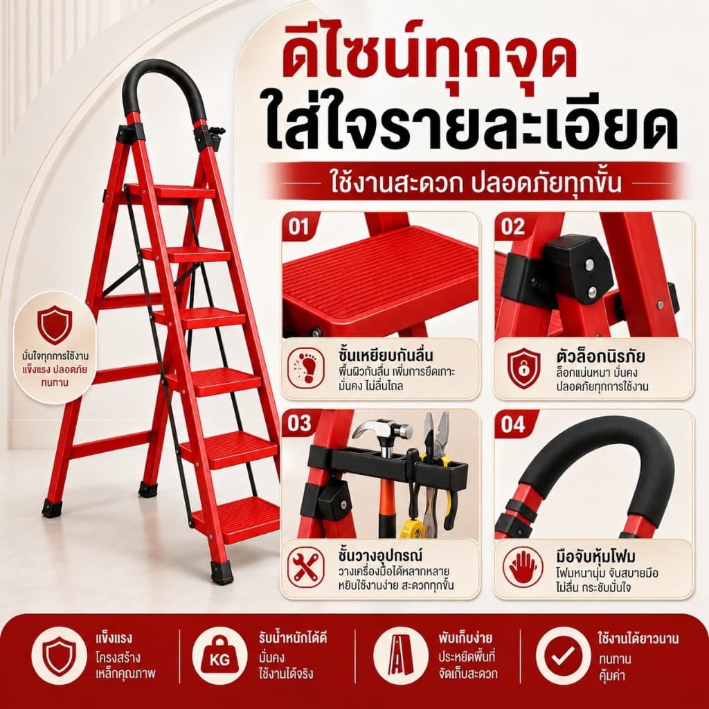 บันไดพับได้ บันไดอลูมิเนียมหนาพิเศษ 2-8 ขั้น รับน้ำหนัก 500KG กันลื่น แข็งแรง พับเก็บง่าย ใช้ในบ้าน ร้านค้า งานช่าง รูปที่ 2