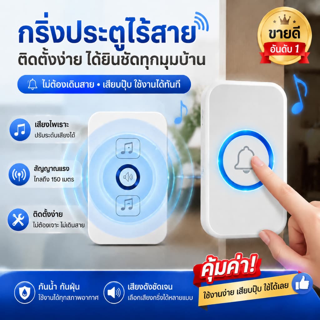กริ่งประตูไร้สายกันน้ำ ระยะควบคุม 300 เมตร พร้อมไฟ LED 62 ดวง แฟลชสำหรับเรียกเข้าบ้าน รูปที่ 1