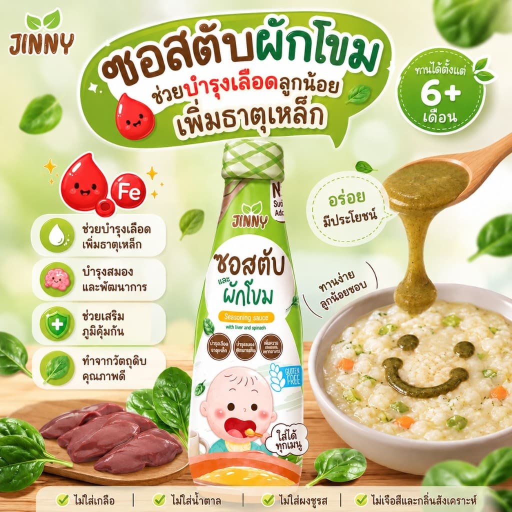 JINNY ซอสก่อนขวบ เพิ่มธาตุเหล็ก สูตรตับและผักโขม รูปที่ 5