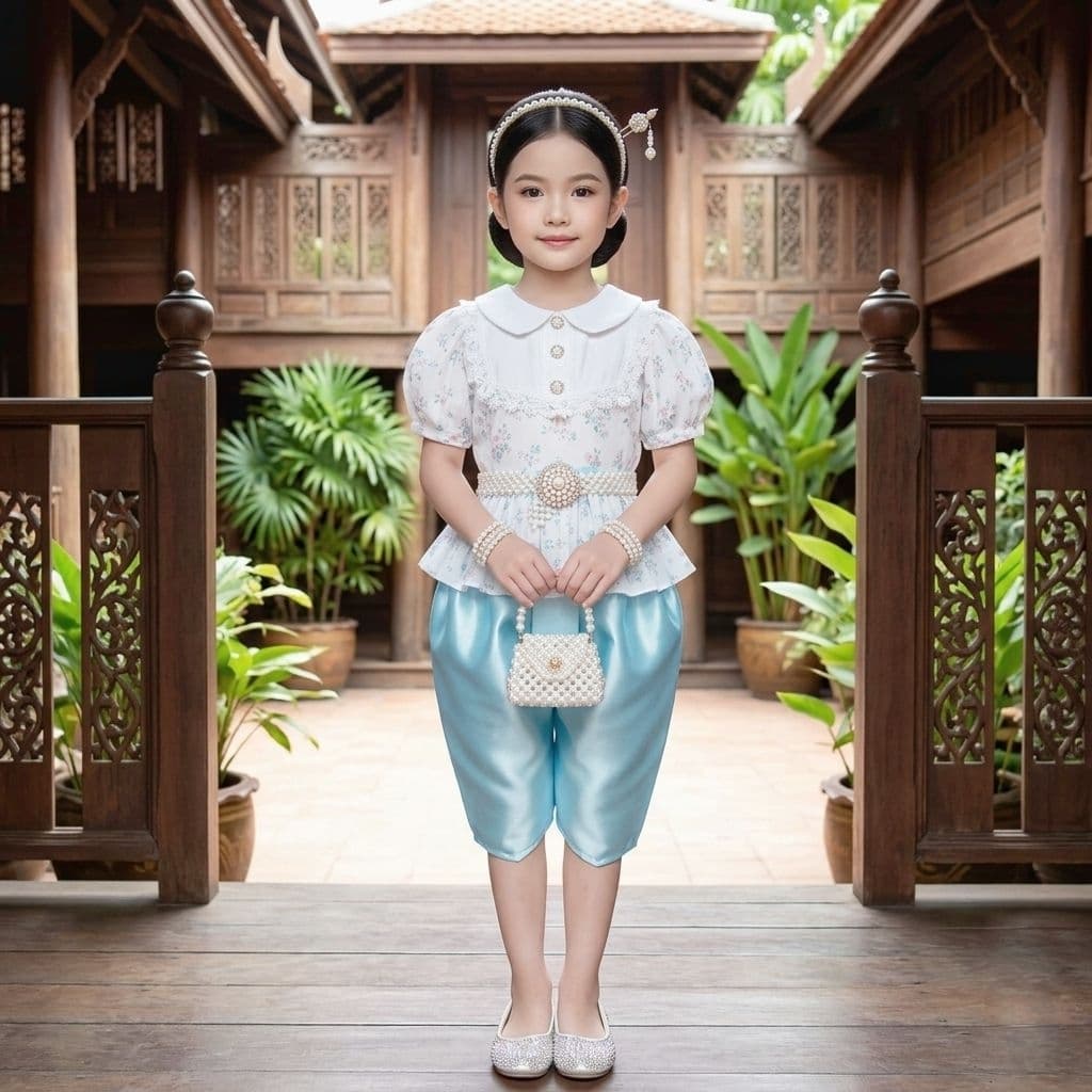 ชุดไทยเด็ก รุ่นโจงกระเบน+เสื้อแขนตุ๊กตาลายดอกไม้+สไบ รวม 3 ชิ้น ***ไม่รวมเครื่องประดับ*** รูปที่ 4