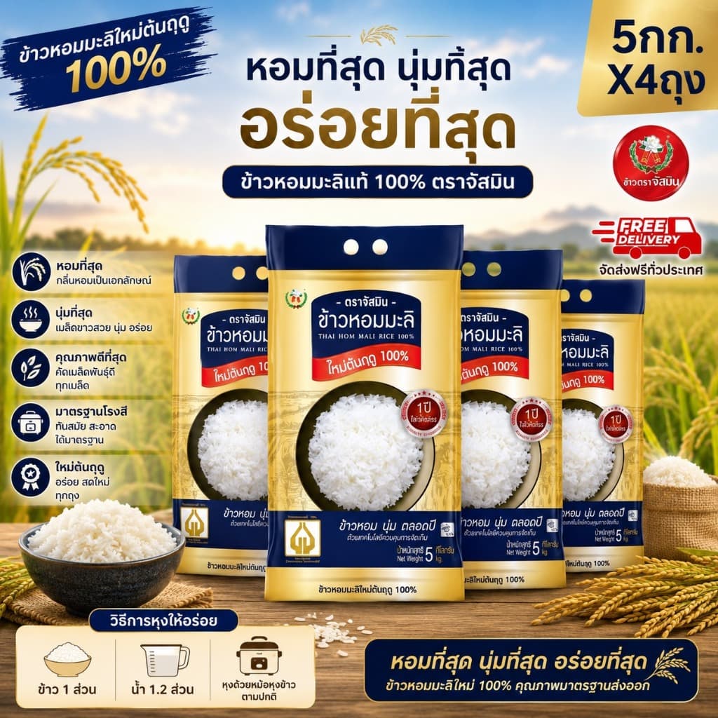จัสมิน ข้าวหอมมะลิใหม่ต้นฤดูแท้ 100% Limited Edition ขนาด 5กก.X4 ถุง รูปที่ 1