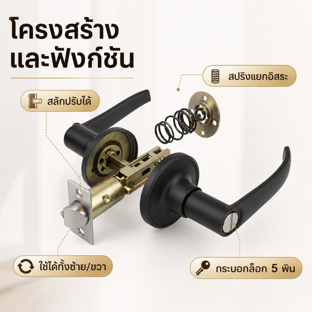 ลูกบิดประตู3กลอน สแตนเลส กันงัด 2in1 ใช้แทนลูกบิดธรรมดาได้ ปลอดภัย2ชั้น สำหรับประตูหนา25-65mm ติดตั้งง่าย เหมาะกับประตูบ รูปที่ 5