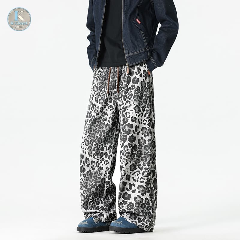 Baggy S-5XL กางเกงผู้ชายลายเสือ ทรงขากว้างตรง เอวยางพร้อมเชือกดึง สไตล์เกาหลี รูปที่ 4