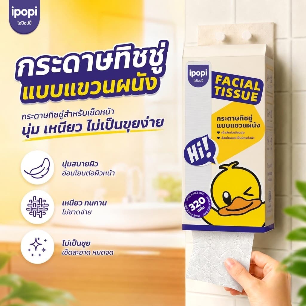 ipopi cute duck 320 แผ่นทิชชู่แขวนผนัง เยื่อไม้บริสุทธิ์ 100%ทิชชู่พรีเมียมนุ่มสบายผิว รูปที่ 6