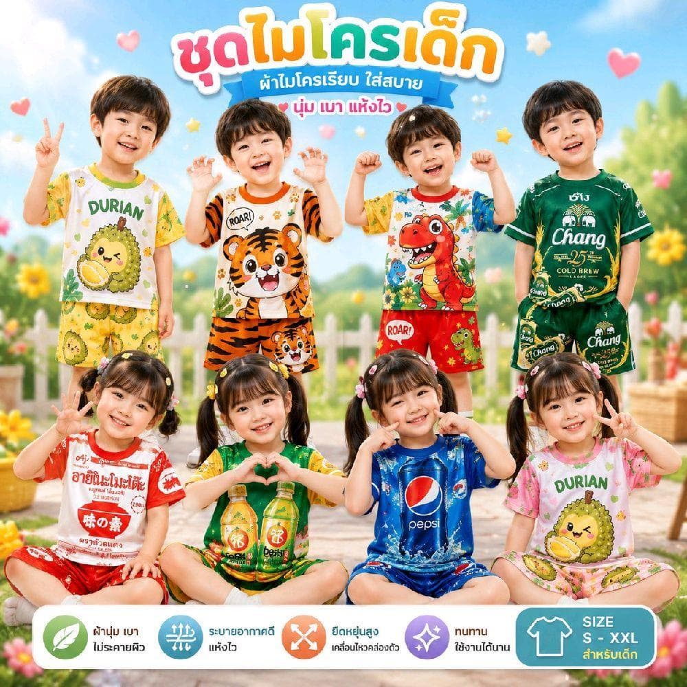 ชุดเซ็ทเด็กลายถุงขนมหน้าหลัง แขนสั้น- ขาสั้น ผ้าไมโครพรี่เมี่ยม ใส่สบายระบายอากาศได้ดี พร้อมจัดส่ง รูปที่ 1