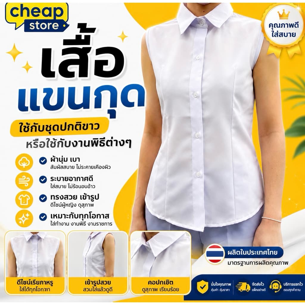 เสื้อเชิ้ตแขนกุดสีขาว เสื้อแขนกุดใส่ทับในสูท ผลิตในไทย คุณภาพดี ทุกวัน รูปที่ 1