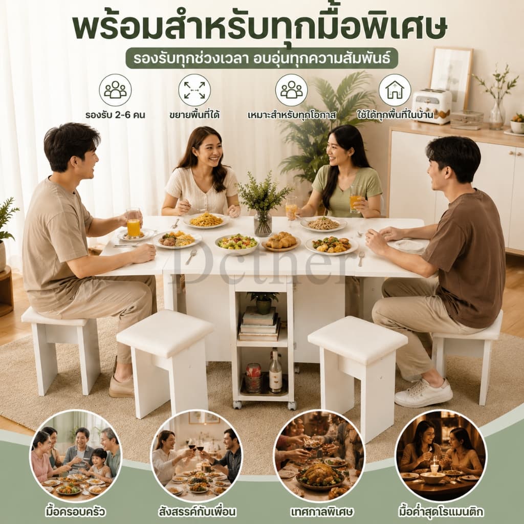 DC โต๊ะอาหาร โต๊ะอาหารพับได้ 120/140cm พร้อมเก้าอี้ 4 ตัว เก็บของได้ มีล้อเลื่อน เคลื่อนย้ายสะดวก ประหยัดพื้นที่ รูปที่ 6