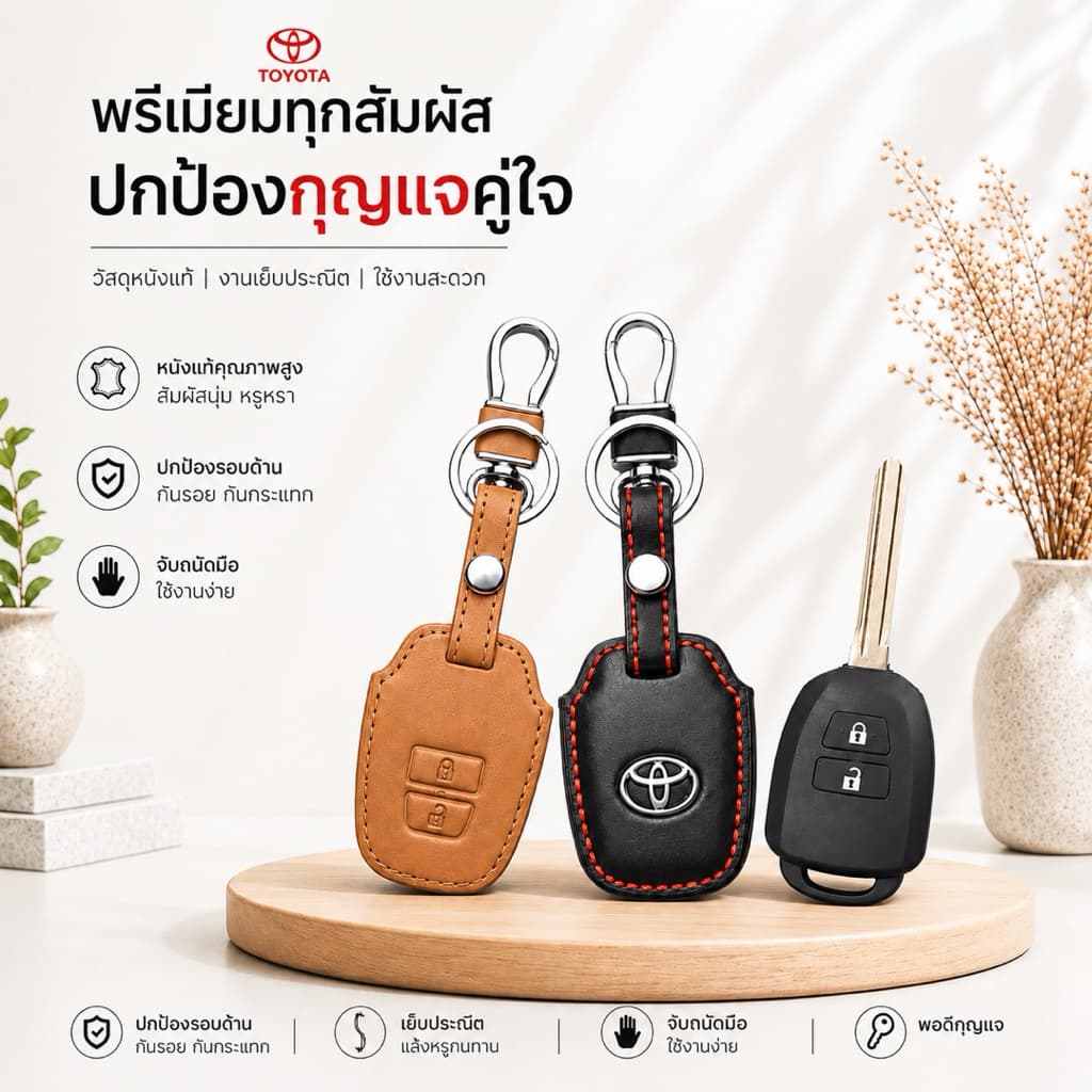 ซองหนังแท้ ใส่กุญแจรีโมทรถยนต์ รุ่นดอกกุญแจโลโก้เหล็ก Toyota Vios,Yaris,Commuter 2-3 ปุ่ม รูปที่ 1