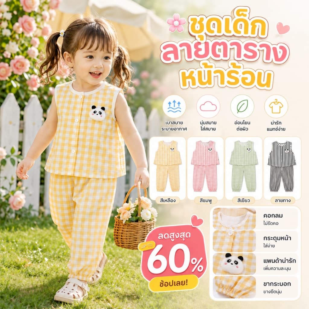 ชุดเซ็ตเด็กผู้หญิง เสื้อแขนกุดลายตาราง + กางเกงขาสั้น แพนด้าน่ารัก ใส่สบาย สำหรับเด็ก 6 เดือน-7 ปี รูปที่ 1