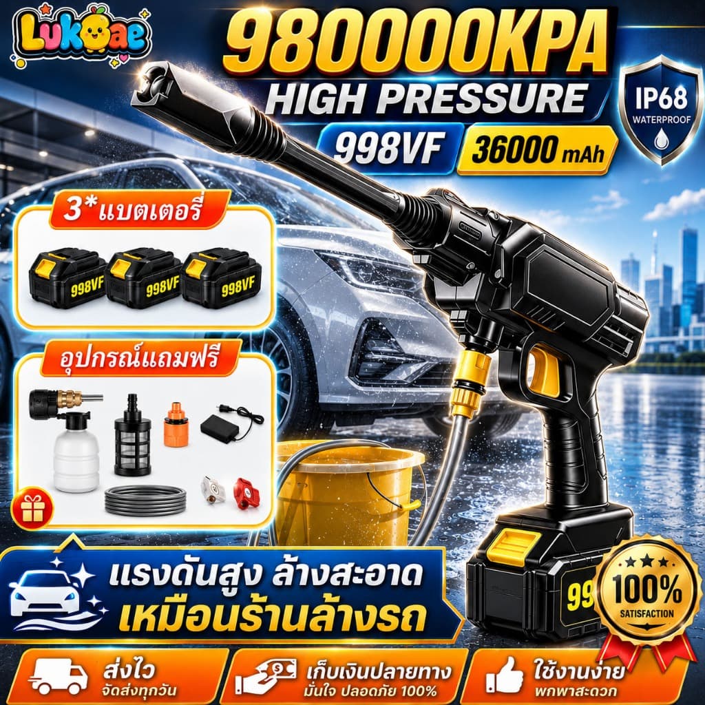 ล้างรถ ของแถม 8 ชิ้น! ปืนฉีดน้ำแรงดันสูง 998V แปรงล้างรถ ก้อน อายุการใช้งานแบตเตอรี่สูงสุด 80 นาที รูปที่ 1