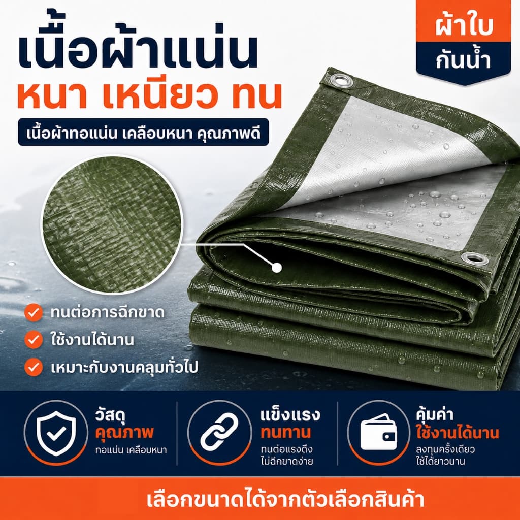 ผ้าใบ PE กันแดดกันฝน เคลือบฟิล์ม 2 ด้าน ใช้คลุมของ คลุมรถ ทำหลังคาชั่วคราว หลายขนาด รูปที่ 8