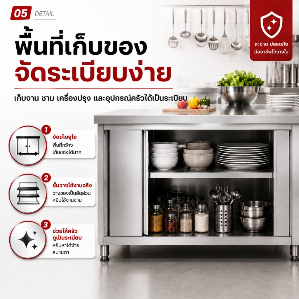 ชั้นวางของ ตู้สแตนเลส ชั้นวางจาน โต๊ะวางของในครัว โต๊ะสแตนเล ปรับความสูงได้ รับน้ำหนักได้500KG รูปที่ 6