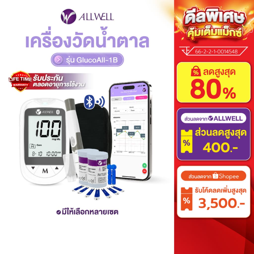 ALLWELL เครื่องวัดระดับน้ำตาลในเลือดและแผ่นตรวจ รุ่น GLUCOALL-1B มีให้เลือกหลายเซต น้ำตาลในเลือด เครื่องวัดน้ำตาล รูปที่ 1