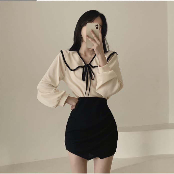 เสื้อเชิ้ตแขนยาวคอปกผูกโบว์น่ารัก Chiffon dolly top relaxed ดีไซน์โบว์ สไตล์เกาหลีญี่ปุ่น รูปที่ 9