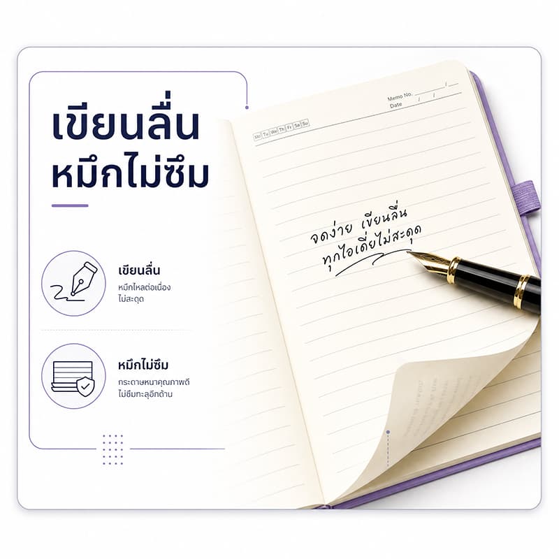สมุดบันทึก A5 ปก PU พรีเมียม 80 แกรม 192 หน้า กระดาษมีเส้น ยางรัดสมุด ที่คั่นหนังสือ ช่องใส่ปากกา รูปที่ 3