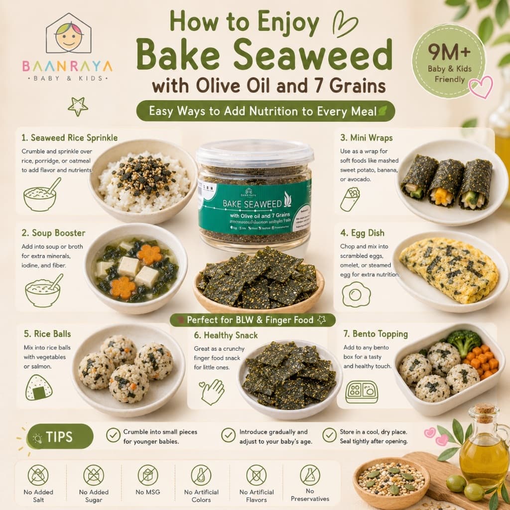ขายดี สาหร่ายเด็ก Seaweed Snack 9M+ ไม่ปรุงรส อบน้ำมันมะกอก ธัญพืช 7 ชนิด Finger Food BLW เสริมไอโอดีน Baan Raya รูปที่ 6